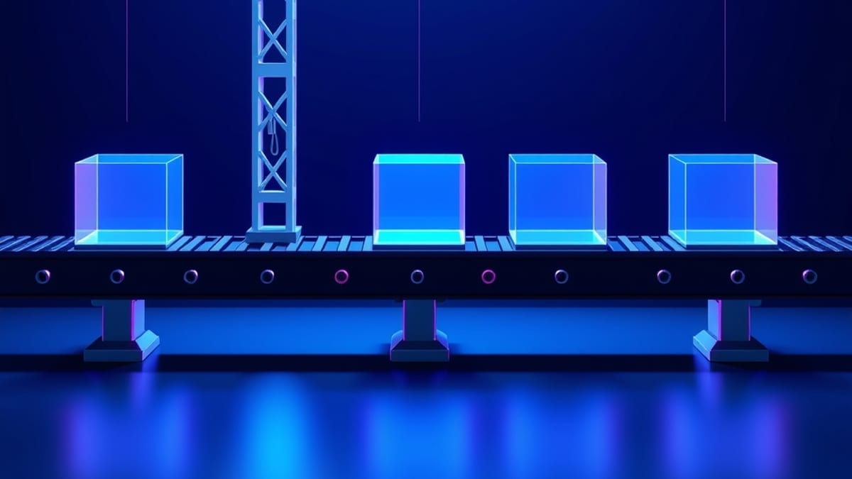Five glass cubes on a conveyor belt, with a crane placing a cube onto only two of the stations.