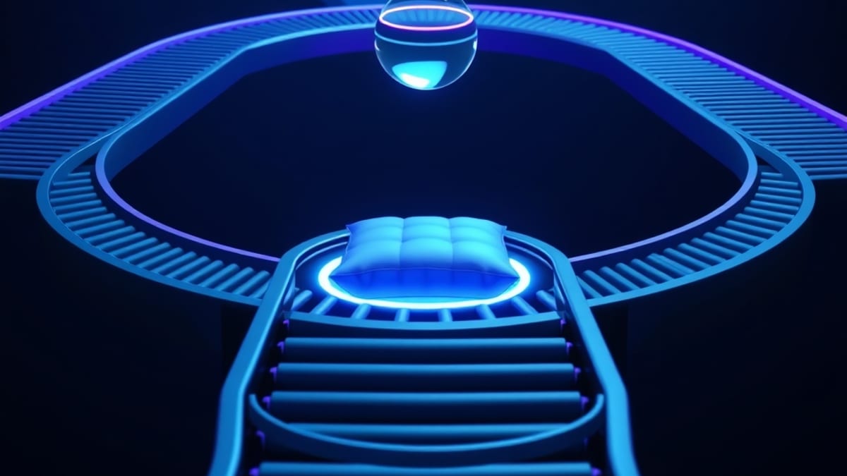 Isometric conveyor track splitting into lanes, glass orbs hovering at each fork, one lane ending in a glowing cushion, anothe