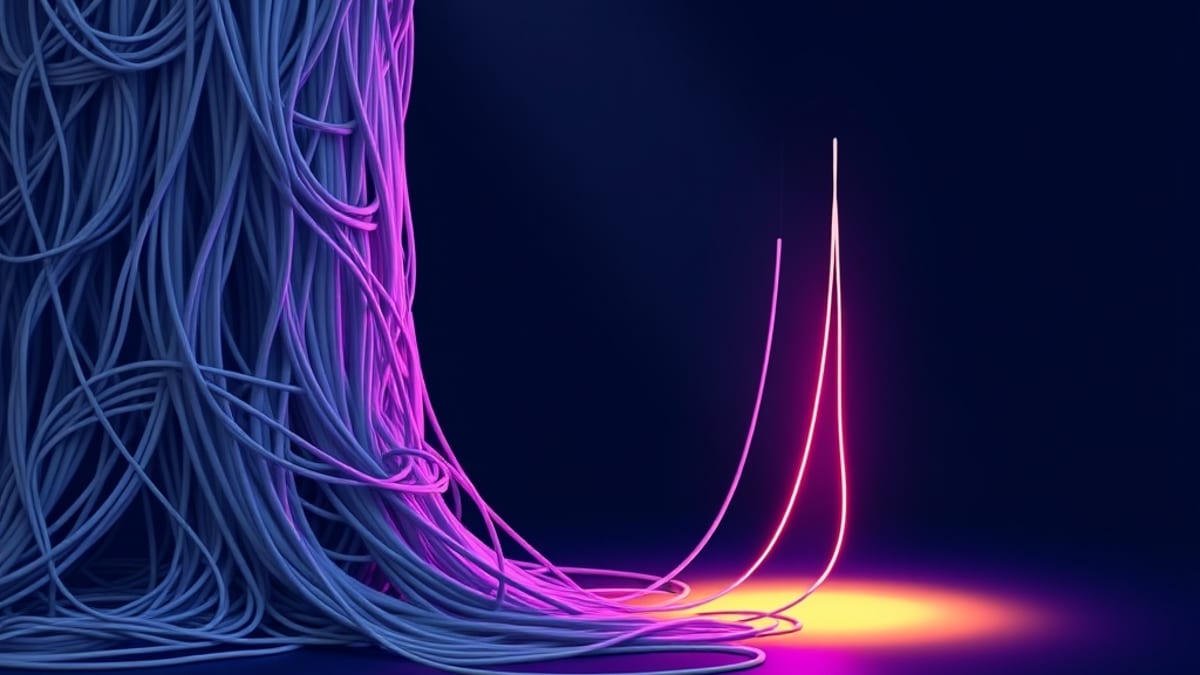 A dense tangle of grey thread passing through a narrow glass aperture and emerging as three clean taut strands under a warm b