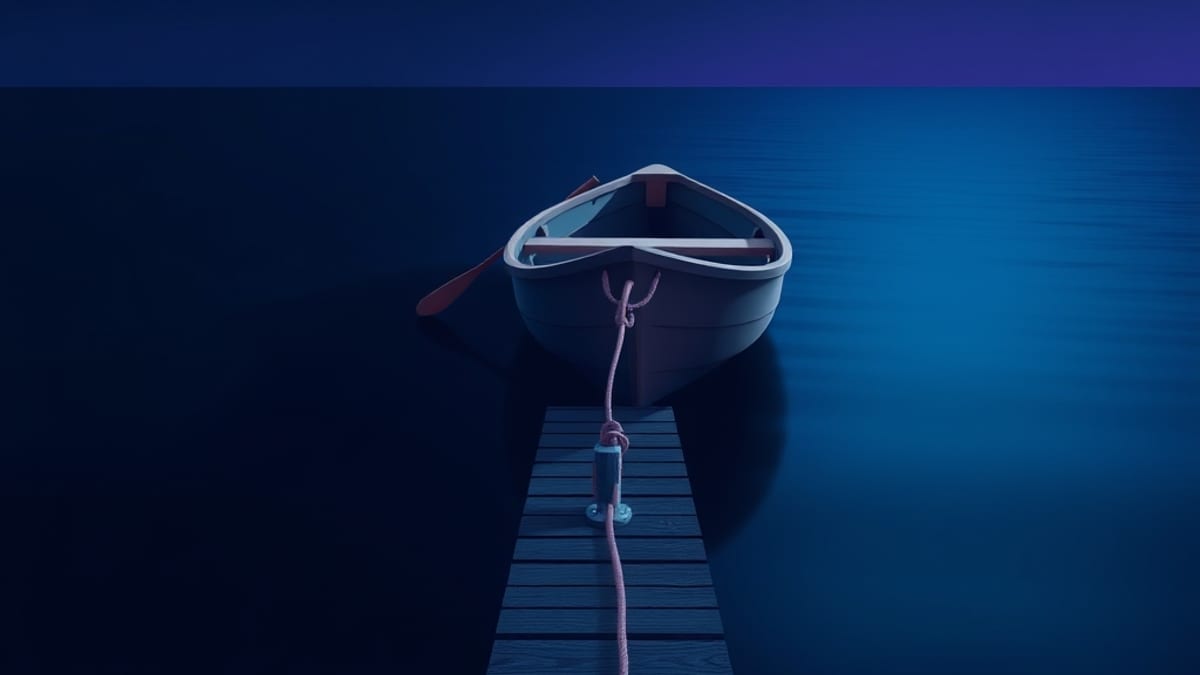 A small rowboat with one oar leaving a dock at dusk, a thin safety line still tied back to the dock cleat.