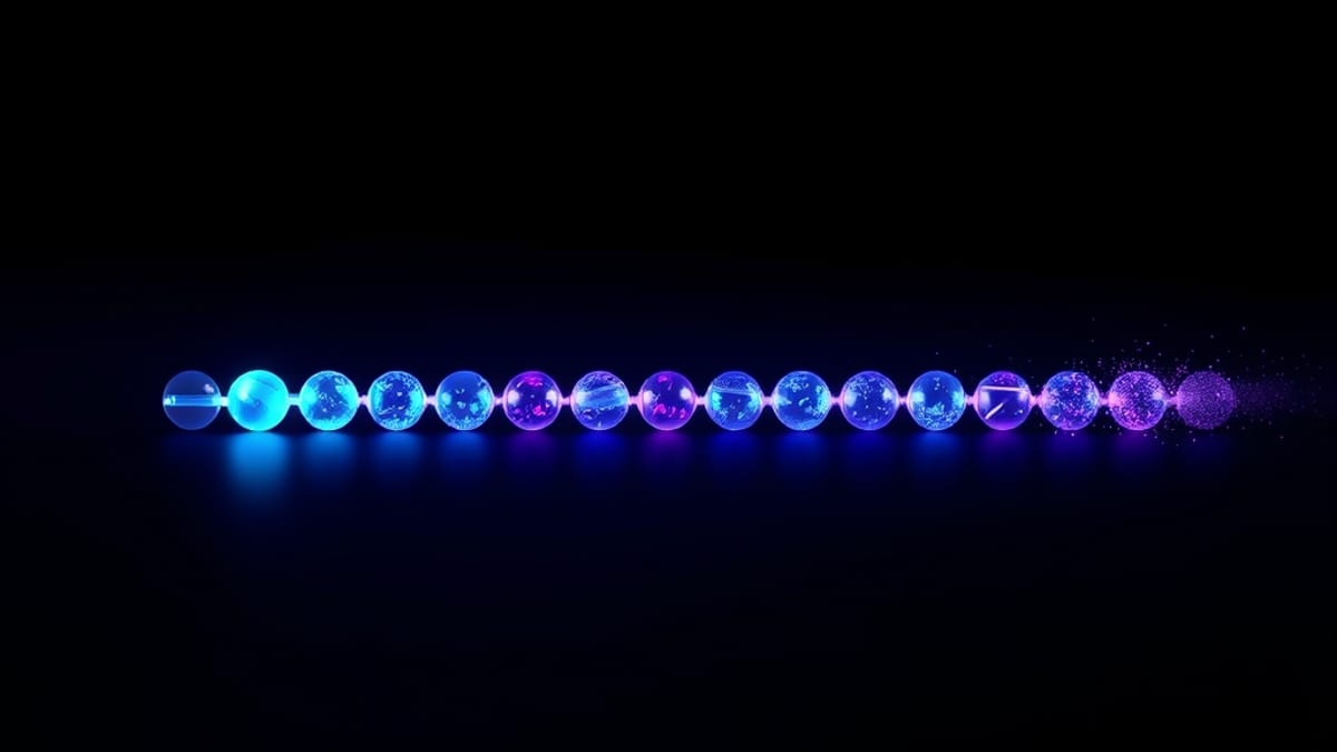 A row of glowing glass beads fading from bright and intact on the left to cracked and dissolving dust on the right.