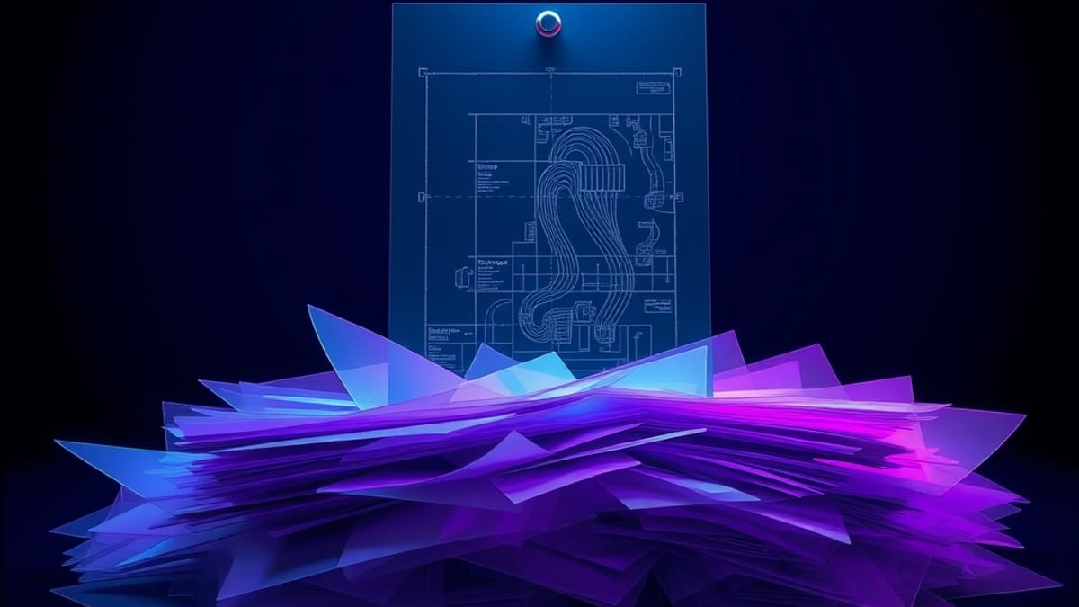 A blueprint buried under a growing pile of translucent tracing sheets, its glowing outline barely visible underneath.