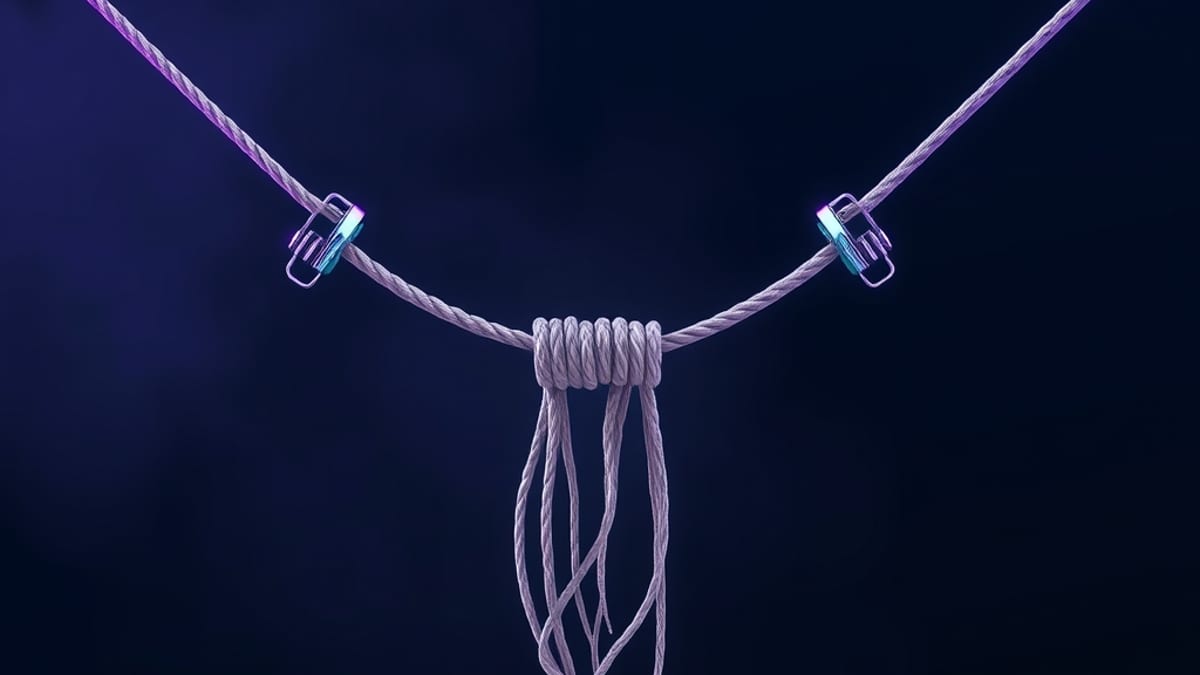 A fraying rope spanning a gap, held together by three evenly spaced metal clamps along its length.