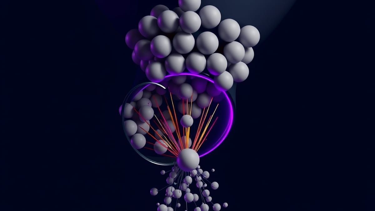 Many identical grey spheres fall through a brass lattice and emerge below as a spray of differently shaped colored crystals.