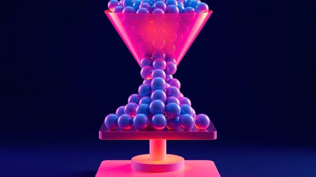 Many glowing marbles funnel through a narrow calibrated slot and emerge as one ordered row on a scale.