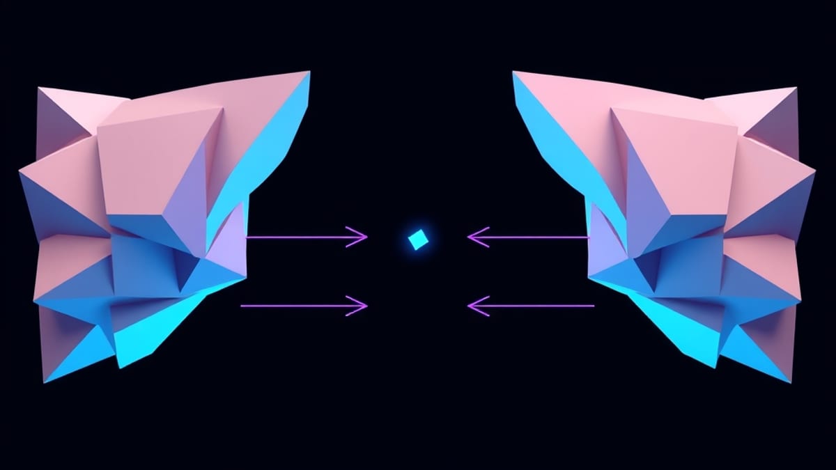 Two opposing clusters of smooth pale and jagged dark shapes face each other, with arrows crossing and a small glowing shape f