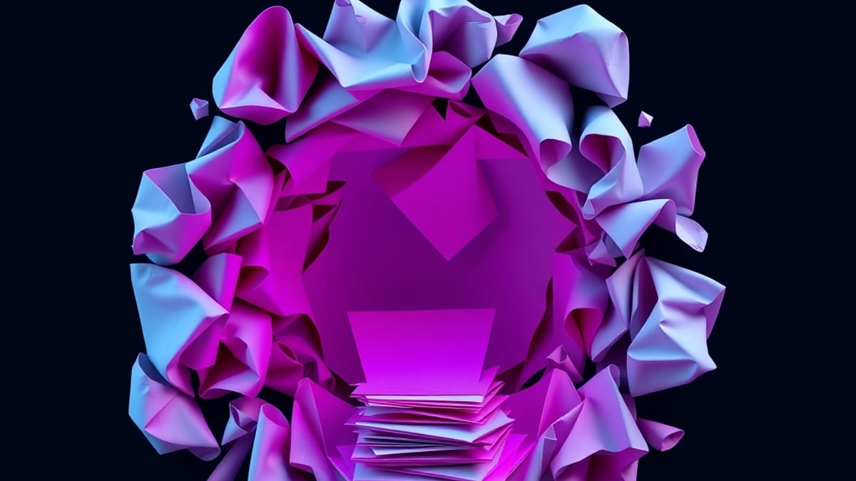 Many mismatched crumpled paper forms funnel down and emerge as one neat identical stack of smooth sheets.