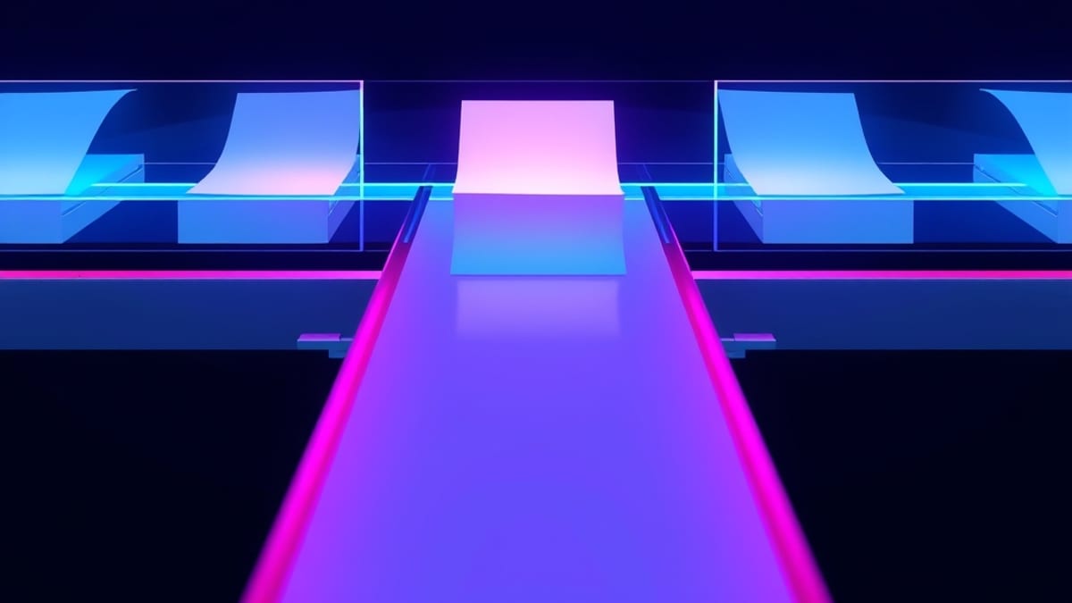 Paper sheets move along a glass conveyor through glowing gates, with one flagged sheet diverted into a side loop.