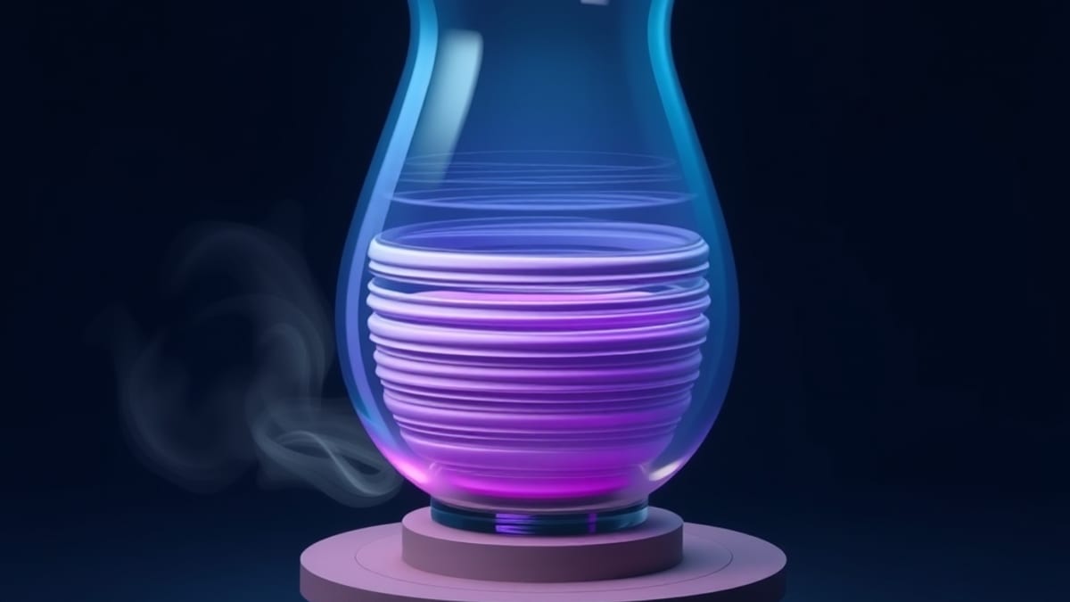 A glass grid-shaped vessel filling with clay on a potter's wheel, beside an uncontained grey mist spreading on the floor.