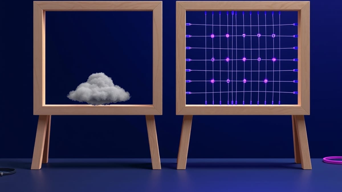 Two wooden frames on a bench, one empty with a drifting cloud, the other strung with taut wires into twelve equal cells.