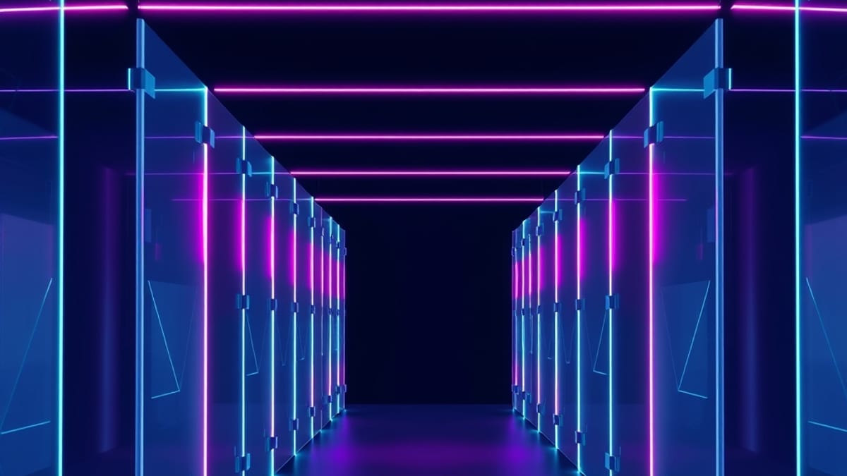 A receding corridor of translucent hinged panels etched with faint geometry, linked by thin glowing threads.