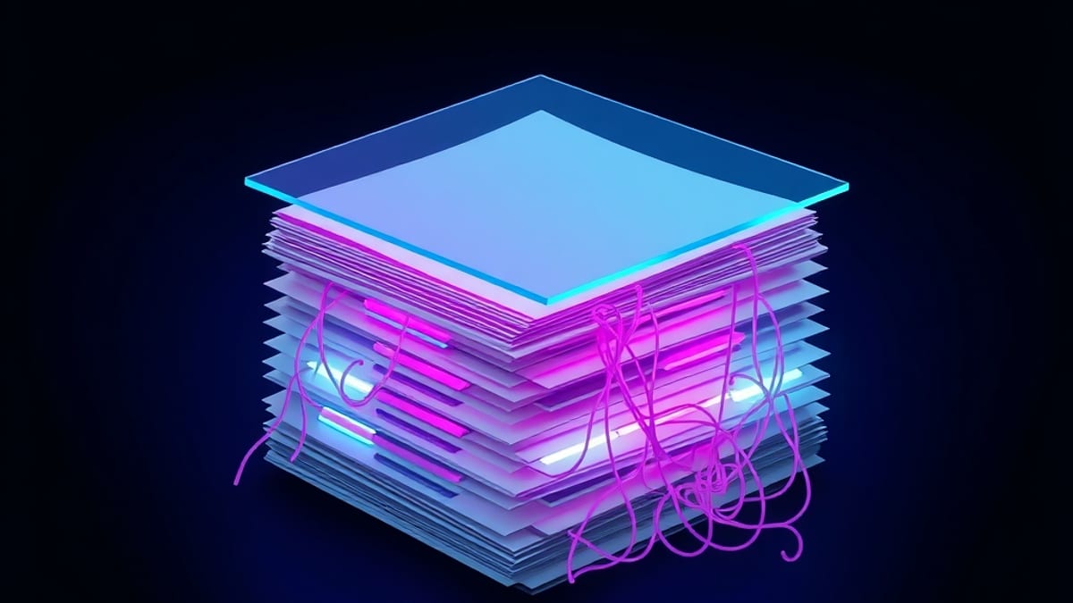 A glass sheet hovering above a tangled pile of documents, condensing it into a few neat glowing cards.