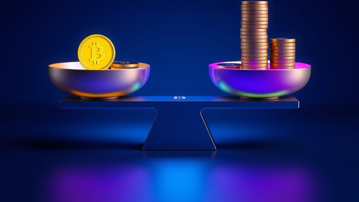 A balance scale with one large coin on one side and a tall stack of small coins on the other.