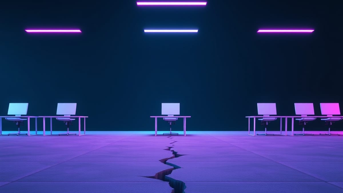 Hairline cracks spreading across a concrete floor under a neat row of identical desks.