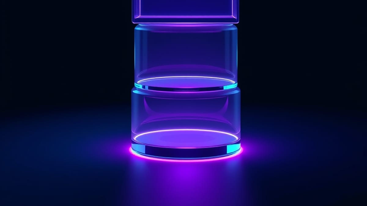A four-tier glass tower with one middle layer missing, light leaking from the gap while the top frame glows empty.