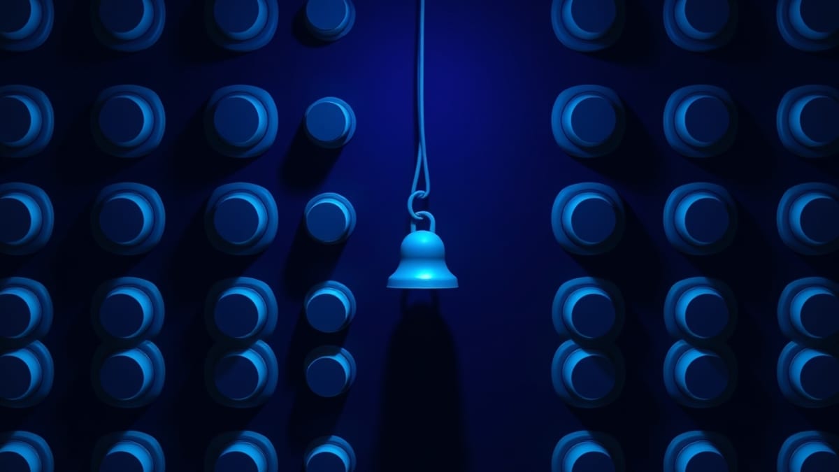 A wall of pressed mute buttons casting shadows, with one untouched small bell behind them emitting faint concentric rings.