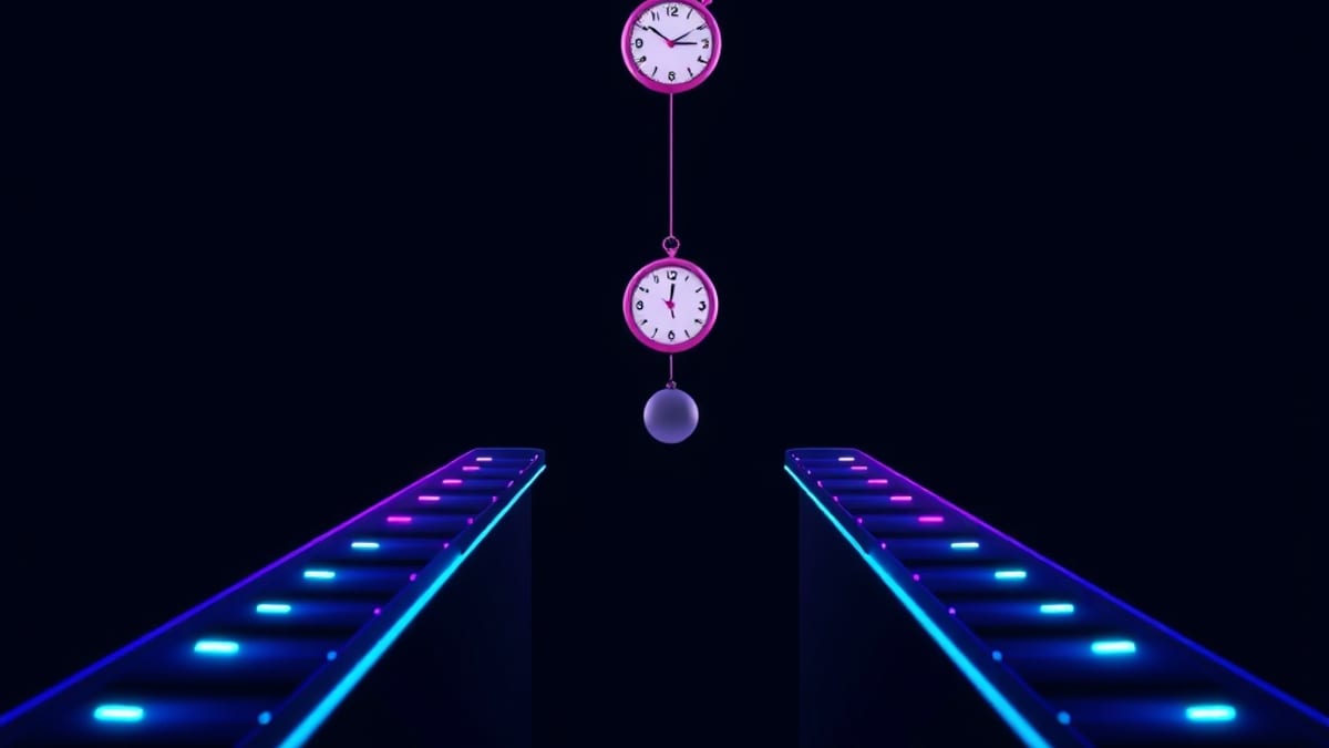 Conveyor belt of glowing events approaching a dark gap beneath a motionless suspended pendulum clock.