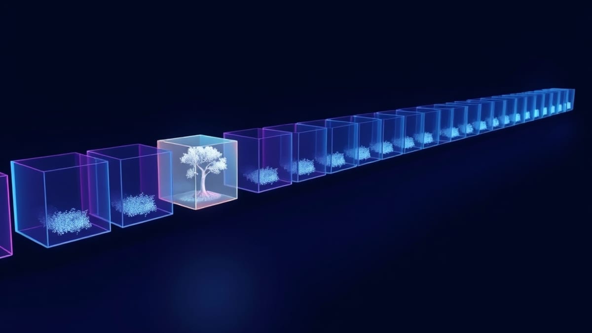 A chain of glass blocks, each holding a small glowing decision tree; one block is cracked while the rest stay identical.