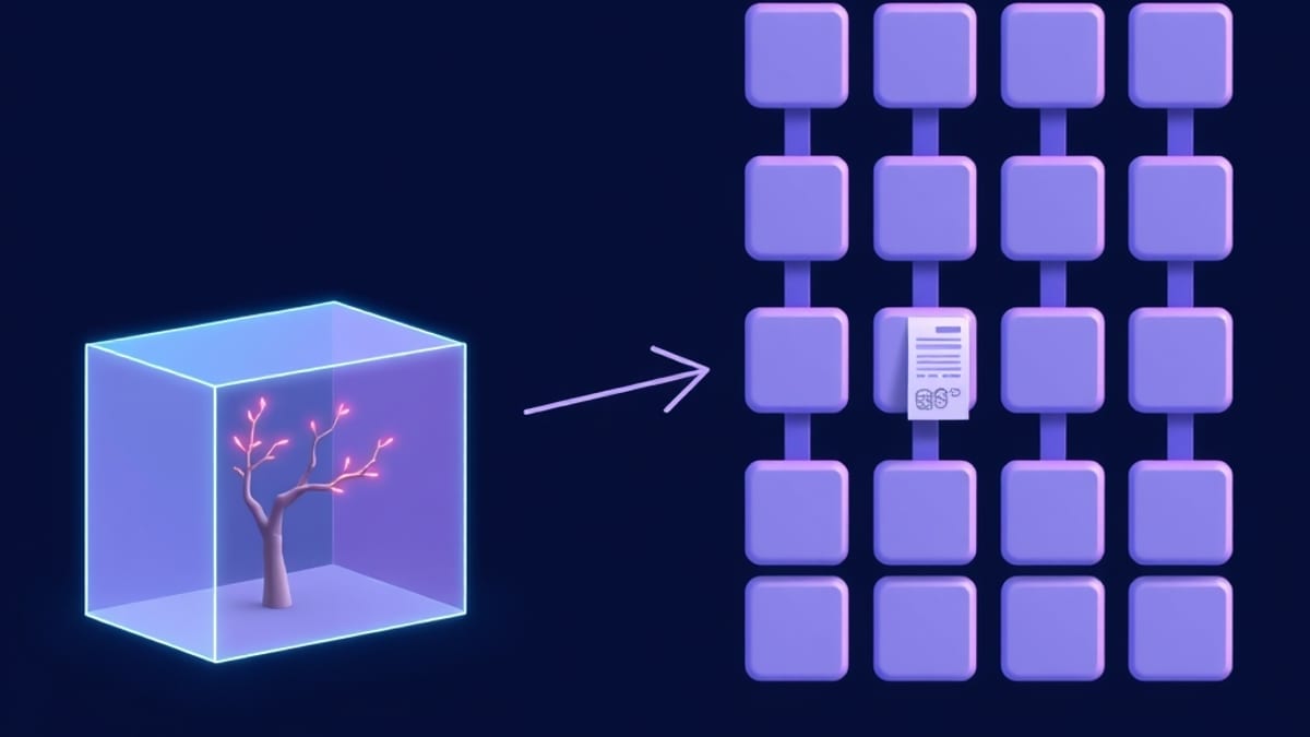 Flat diagram of a sealed box running a branching tree, sending a small receipt to a row of identical linked tiles.