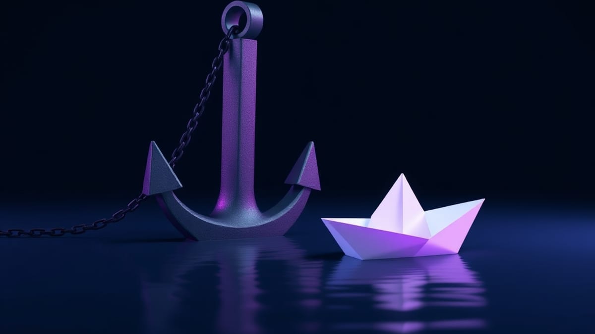 A block-built anchor drags one small paper boat back while another paper boat glides ahead freely.