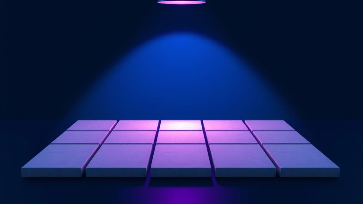 A row of identical blank stone tiles lit by one overhead lamp, with a single tile glowing brighter.