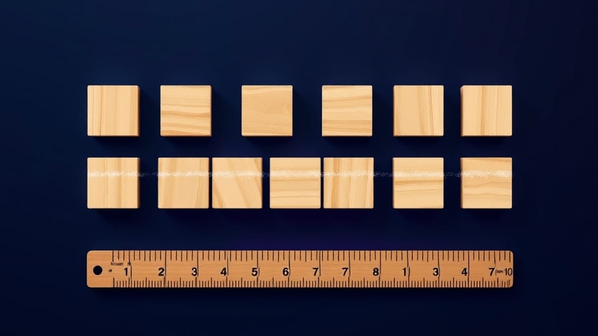 A ruler beside a grid of identical blank wooden blocks, with a chalk line drawn across the row first.