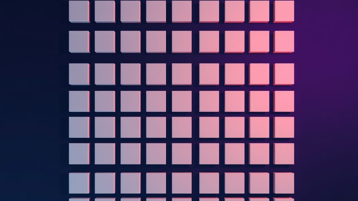 A grid of small blank square tiles on a wall, a few darker, with a thin line tracing the darker ones.