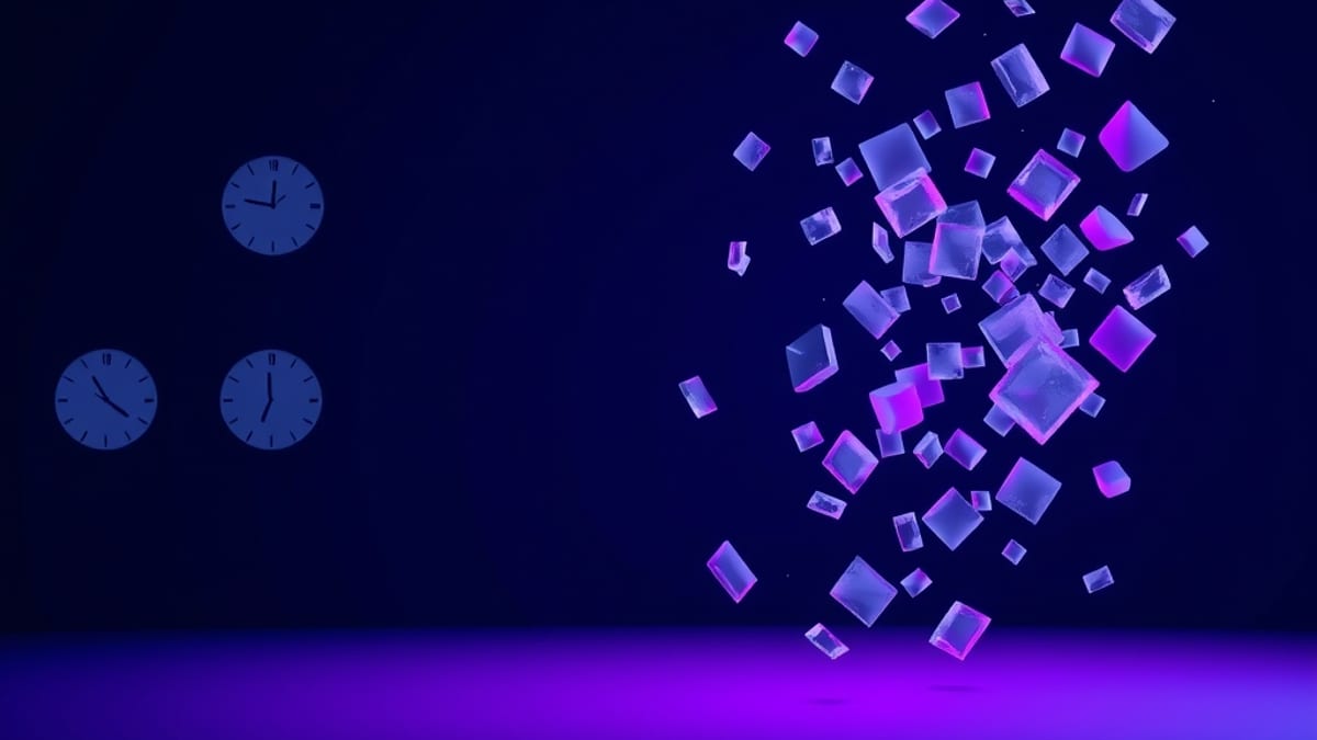 A neat row of clock faces breaking apart into a drifting cloud of uneven translucent fragments.