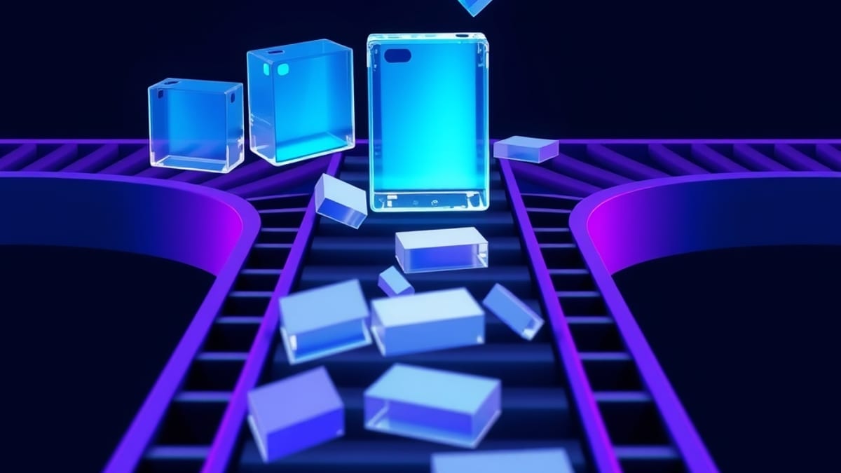 A conveyor belt of glass document blocks fed by three hoppers, only one hopper lit while two sit empty and dark.