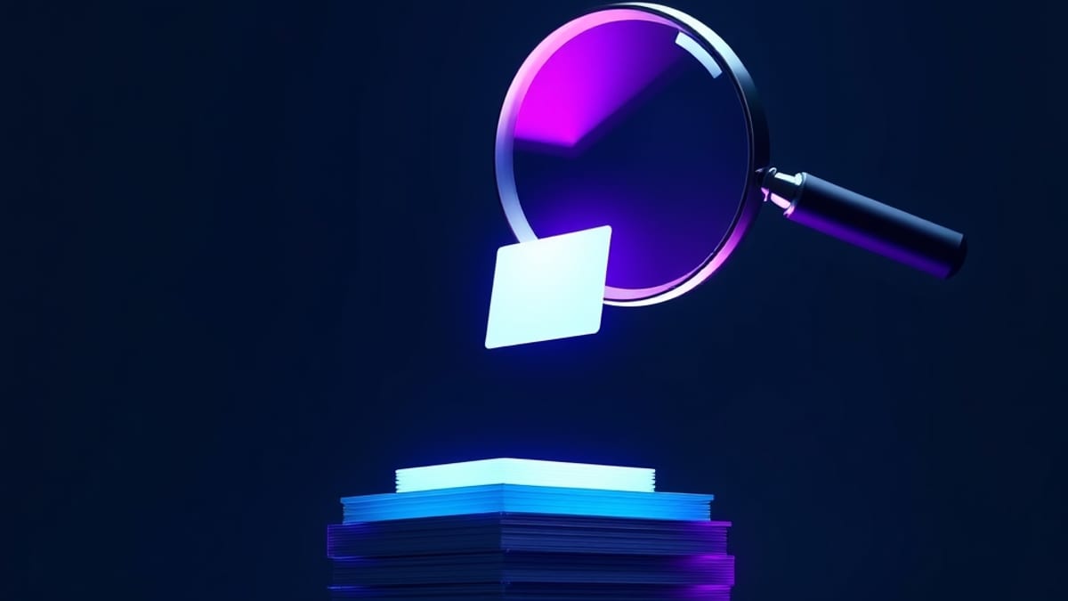 A stack of translucent cards with one glowing card floating away while a lens scans only the top layer.