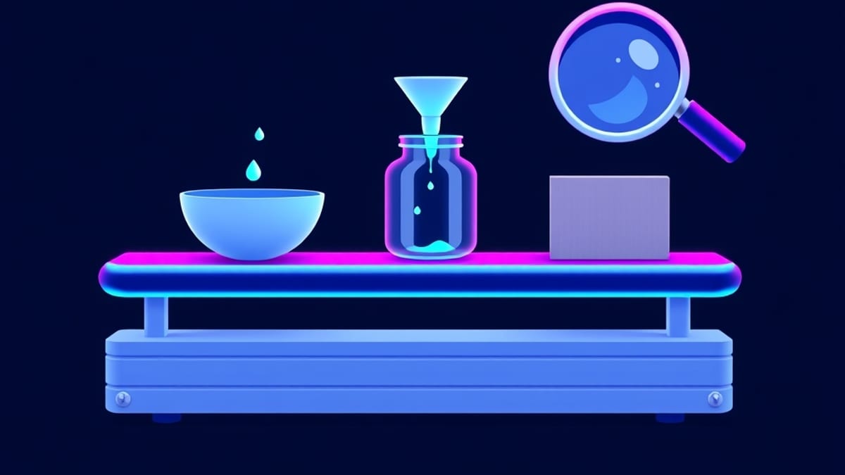 A conveyor belt with three vessels: a bowl catching droplets, a jar under a funnel, and a sealed box beneath a magnifying gla