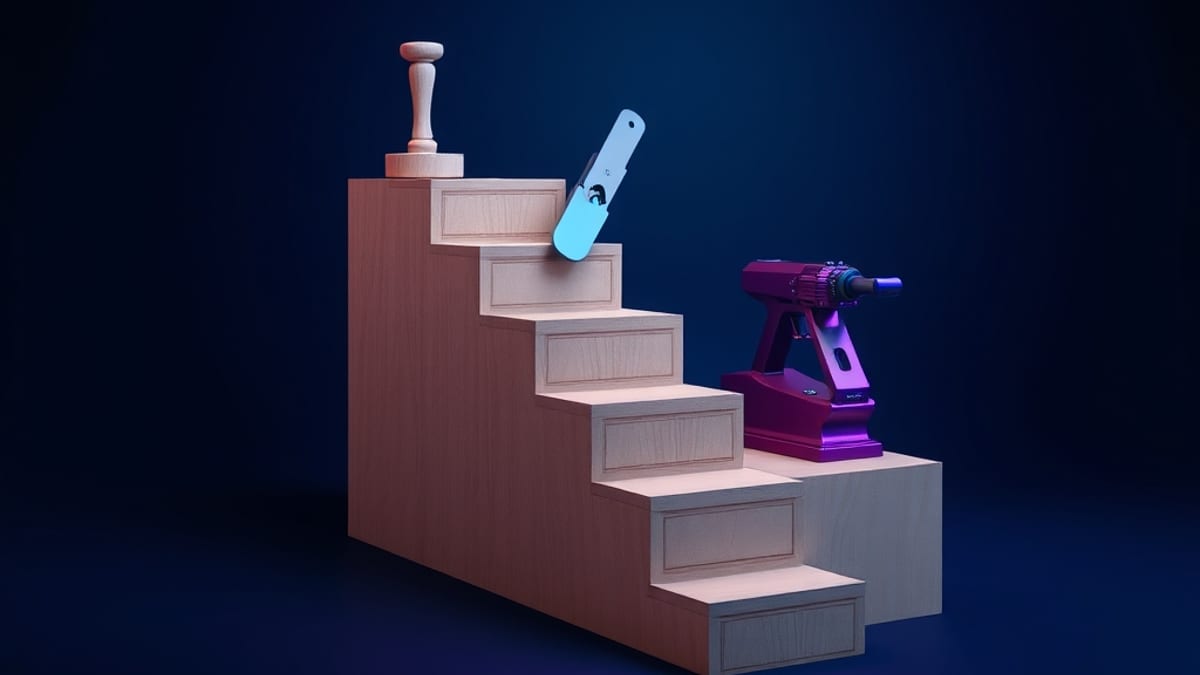 An isometric staircase with three landings, each holding a progressively larger and more autonomous woodworking tool.
