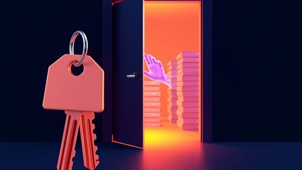 Keys float toward a slightly open door while a translucent hand reaches from the other side toward stacked folders.