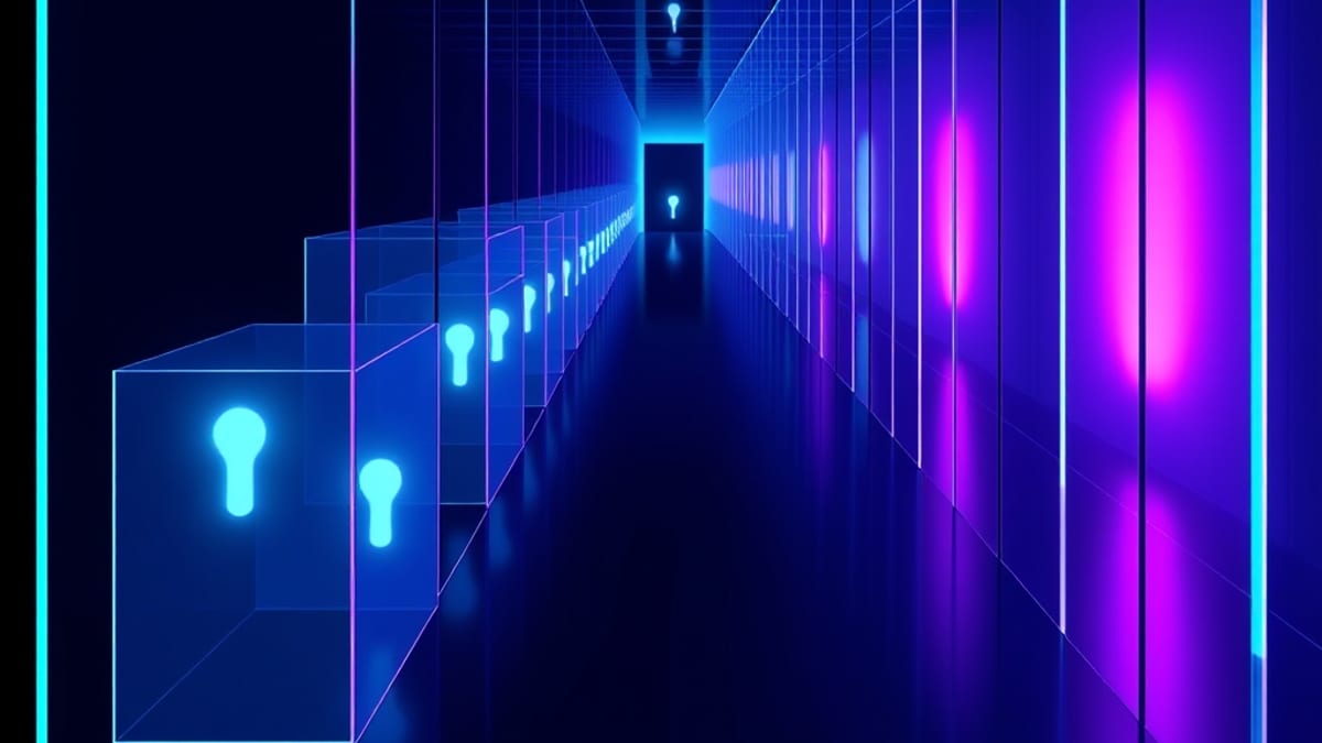 A receding corridor of stacked translucent panels, each glowing faintly, crowding toward a single steady bright marker at the