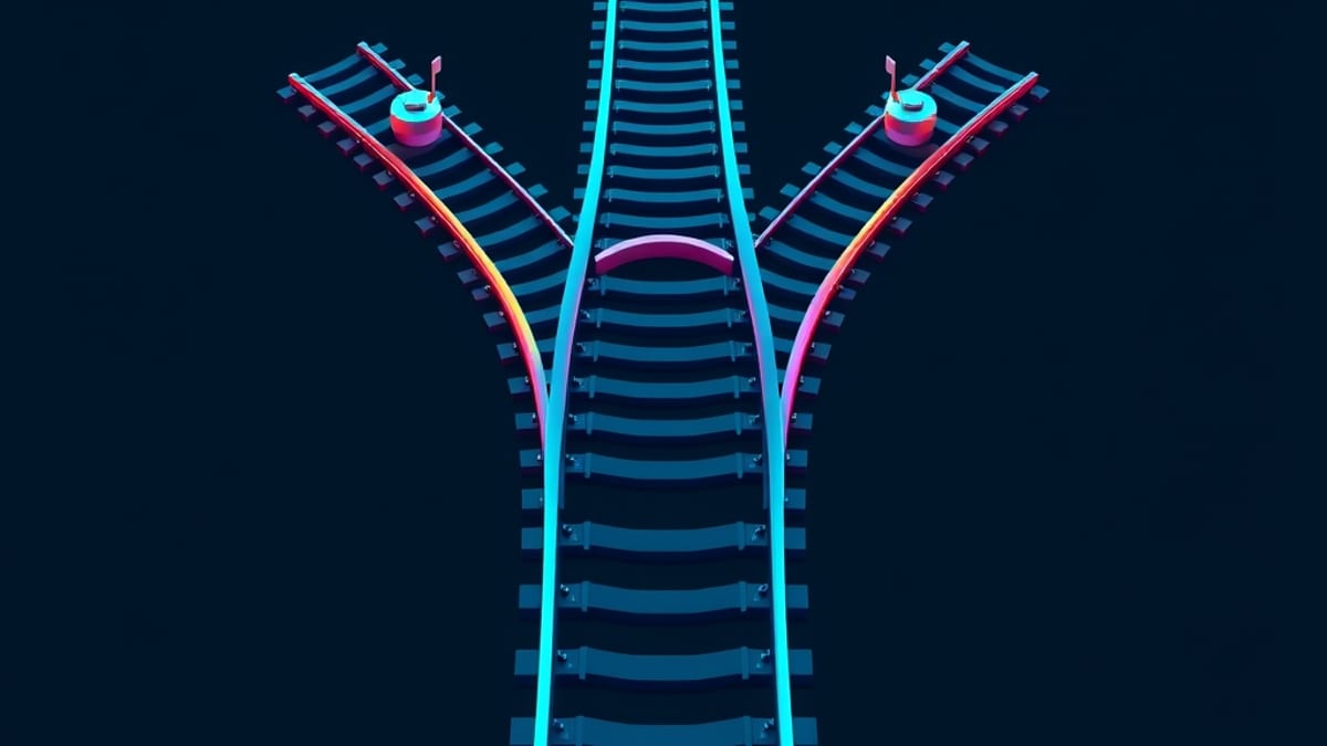 A flat vector rail junction splitting into three tracks, each with a small lever gate, one path continuing through a circular