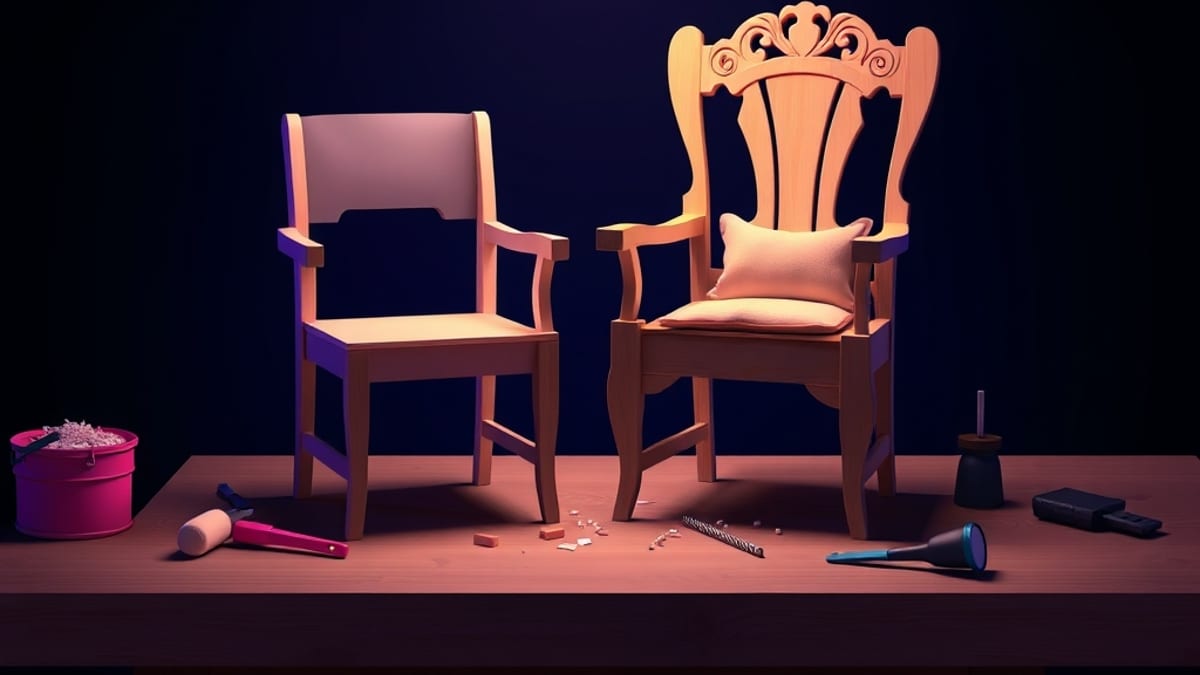 Two wooden chairs on a workbench: one bare and unfinished, one fully assembled with cushion and carved arms.