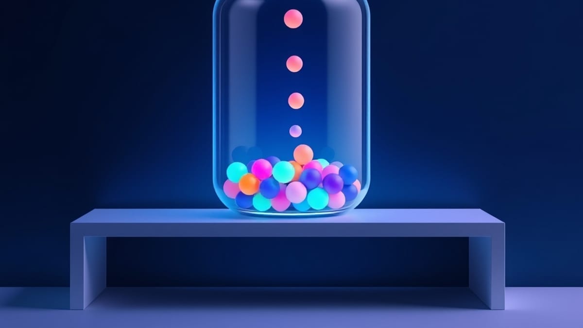 A glass jar on a shelf filling with small glowing pebbles of different colors dropping in one at a time.