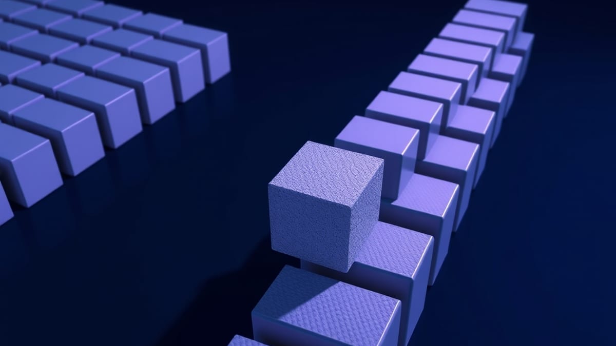 A conveyor belt of identical grey blocks with one block being reshaped into a distinct textured form at a station.