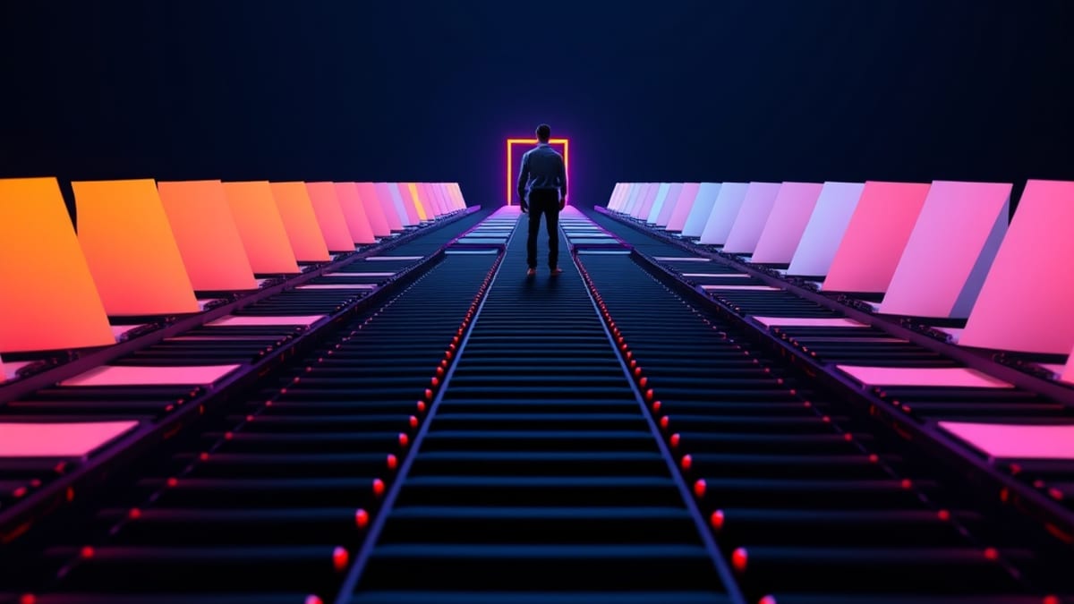 Conveyor belt of identical blank forms splitting at a fork, with a figure standing at the junction between a warm and cool pa