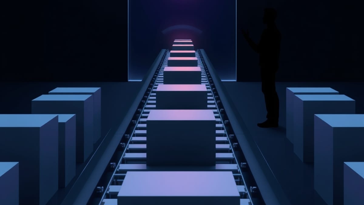 A conveyor of grey boxes approaching a glass wall, where a mechanical arm lifts one amber box aside as a person waits at a le