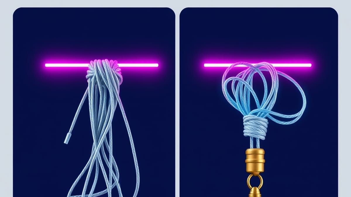A tangle of grey threads pulled straight on one side and left knotted on the other, with a small brass weight resting on the 