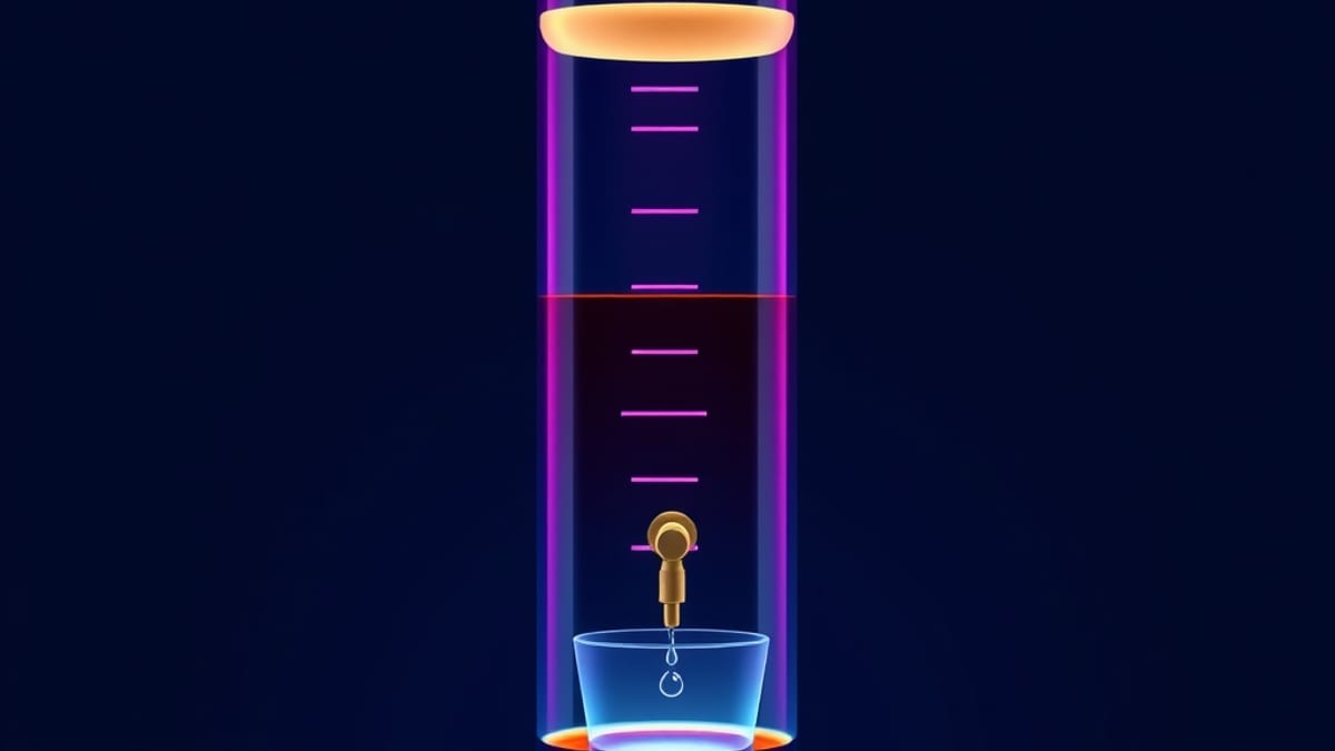 A tall glass column holds three stacked liquid layers of increasing depth and darkness, with a small tap dripping into a cup 