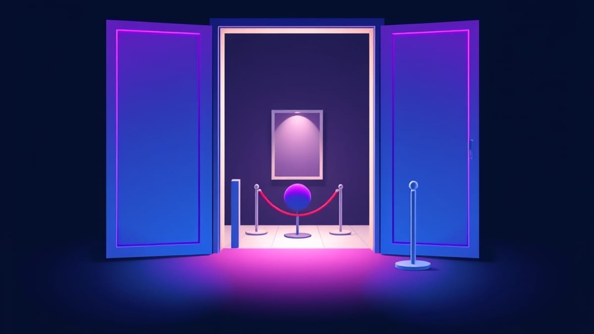 A flat illustration shows an open gate to a bright plaza, a narrow turnstile, and a roped-off alcove further back.