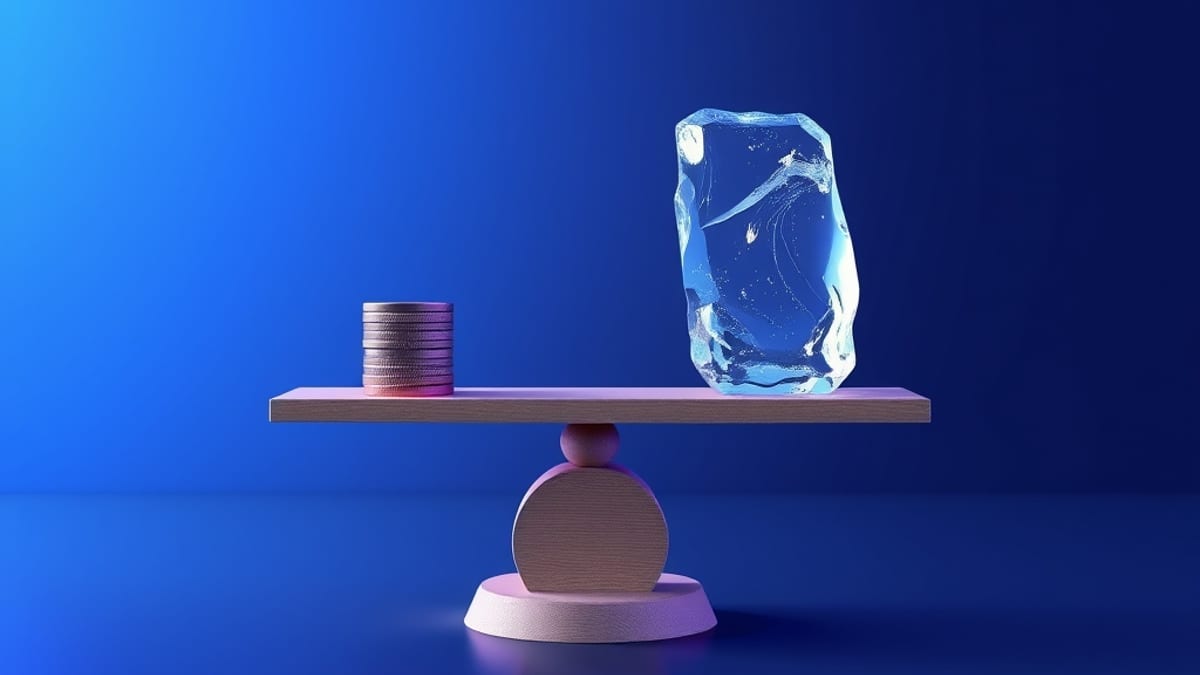 A wooden balance scale holds coins on one pan and a melting block of ice on the other, water pooling beneath.