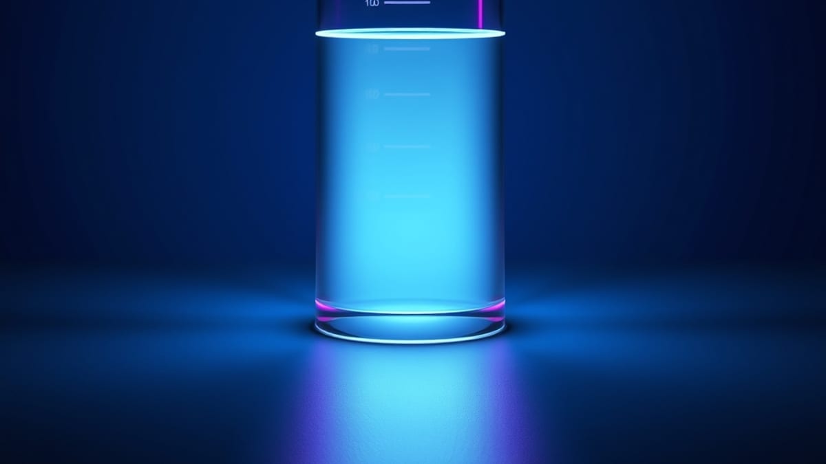 A tall glass measuring cylinder half full of glowing liquid, with markings only near the top rim.