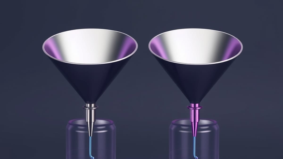 Two differently shaped metal funnels pouring identical thin streams into small glass jars side by side.