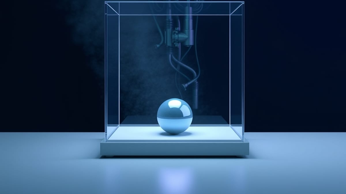 A small glass box holding a glowing orb on a table, with a huge tangle of pipes and gears dissolving behind it.