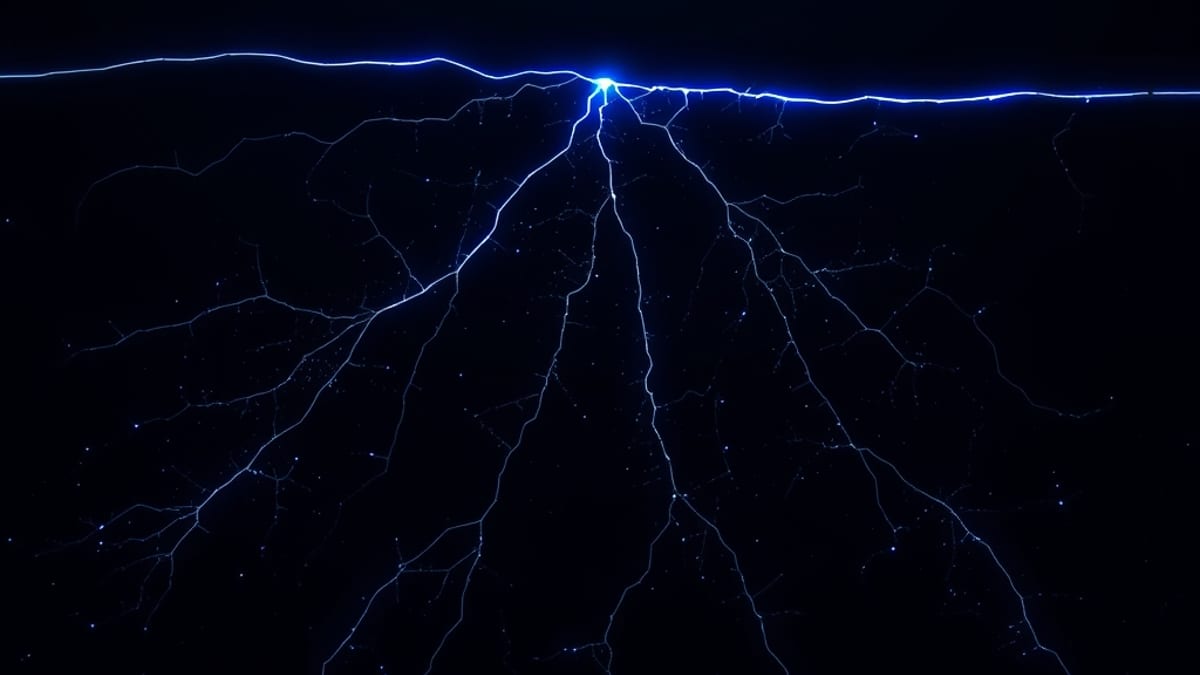 A thin crack spreading across dark glass, branching into thousands of glowing fissures that leak threads of light.