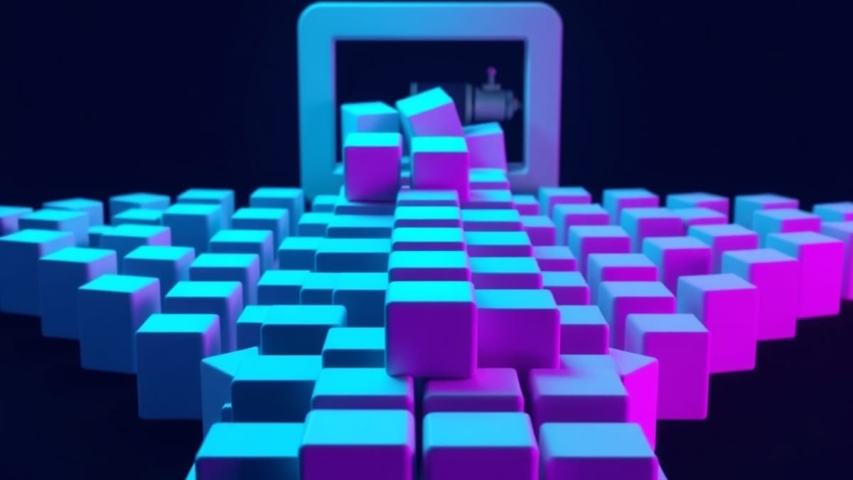 Identical cubes enter a machine and emerge hollow and riddled with hairline gaps on the far side.