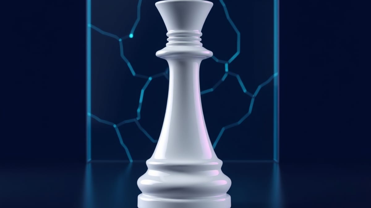 A polished white pawn whose reflection reveals a cracked hollow interior, standing before a translucent glass wall.